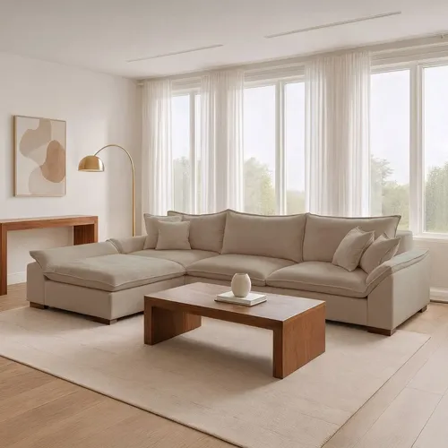 Sofá Modulado Com  Chaise Dominique Base Em Madeira Fe Bege