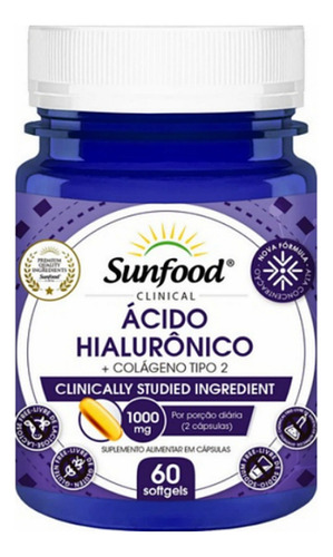 Sunfood Clinical Ácido hialurônico com colágeno tipo 2 e Vit C 1000 mg sem sabor