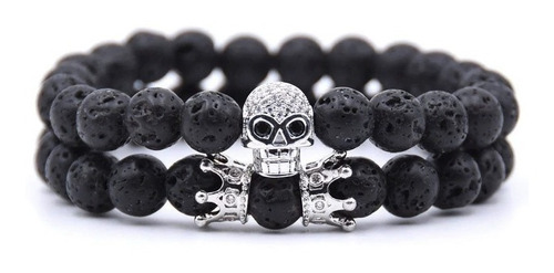 Pulsera Doble Calavera Corona Plateada Piedra Volcánica 