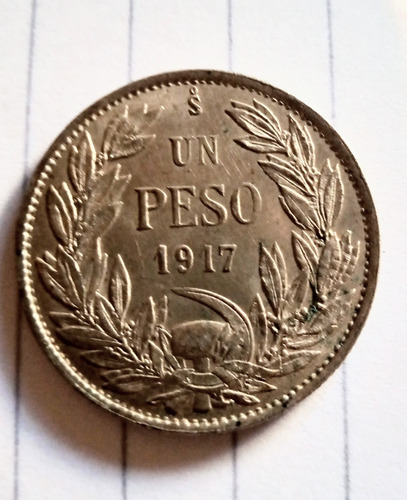 Antigua Moneda De 1 Peso Chilena De 1917/plata 0.72