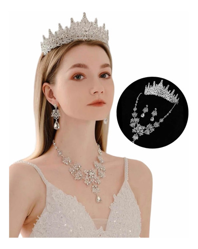 Set Tiara Corona Aretes Collar Novia Xv Años Diamante Plata