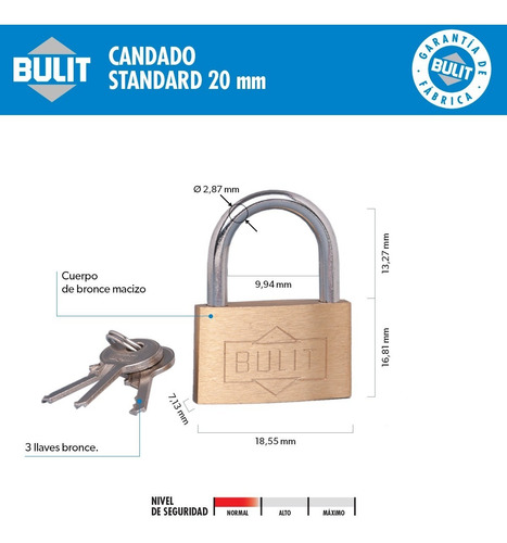 Candado Bulit De Bronce Macizo Standard 20mm