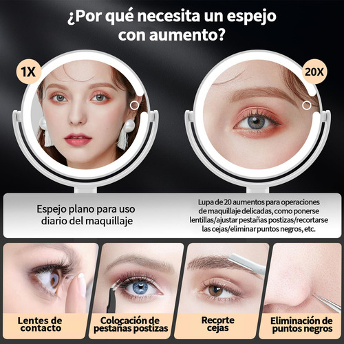 Espejo Maquillaje Led Doble Cara Portátil - 1x/10x Aumento, Retráctil, Luz