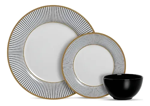 Aparelho De Jantar 12 Pcs Ceramica Com Bowl Alleanza Ritz Cor Branco E Dourado Decorado
