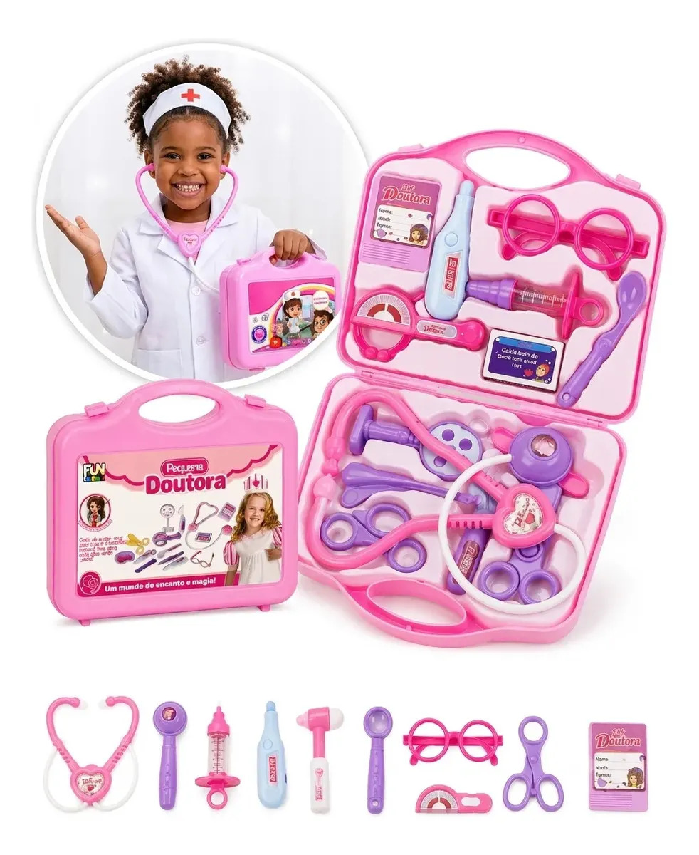 Maleta Médica Infantil Kit Doutora Educativo Rosa 14 Peças Médico Enfermeira Veterinária Dentista Pediatra Faz de Conta Consulta Boneca Presente Menina Brinquedo Desenvolvimento Infantil Bem Comprei