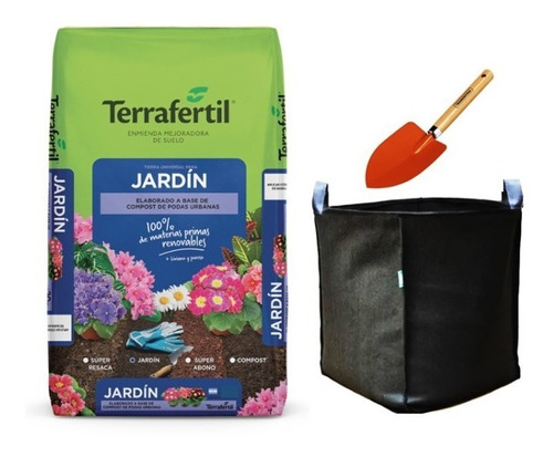 Combo Maceta Geotex Happy Roots 40l Tierra Fertil 50l Pala