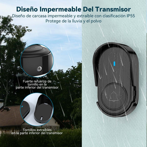 Timbre Inalámbrico Impermeable Con Luz Led 1 Transmiso 1 Rec Negro