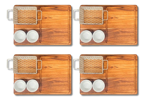 Kit 4 Tábuas 30x20 + Cestas E Ramekins P/ Hambúrguer Porção