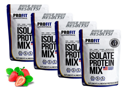Combo 4x Whey Isolate Protein Mix Profit 900g - Total 3,6kg Sabor Morango