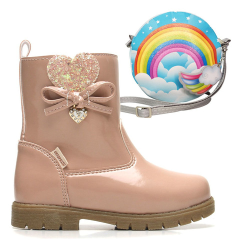 Kit Bota Infantil Ortopasso Menina + Bolsa Arco Iris Fashion