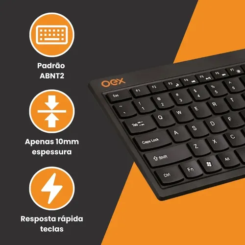 Teclado OEX TC301 Multimídia USB Compacto Preto Português Brasil