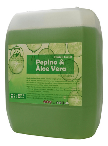 Tónico Facial Agua De Pepino & Aloe Vera (20 Litros) Momento De Aplicación Día/noche Tipo De Piel Todo Tipo De Piel