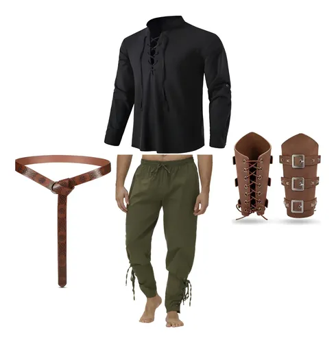 Conjunto Medieval Renacentista Para Hombre | Camisa Vikinga, Pantalones, Cinturón De Cuero Y Muñequeras | Cuello Chino Y Detalles Rústicos | Tallas S A XXL | Ideal Para Disfraces De Carnaval Y Cosplay