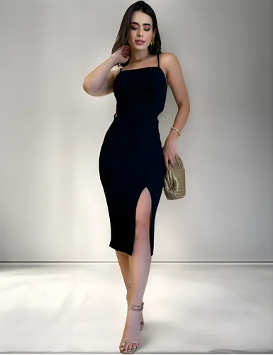 Vestido Feminino Midi Fenda Elegante Leve Alcinha Versátil