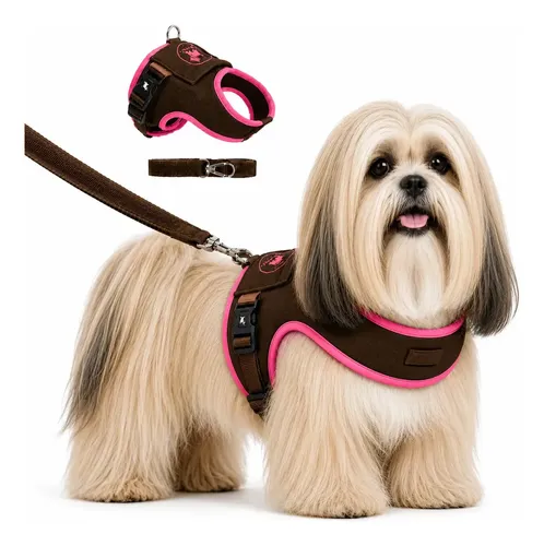 Coleira Peitoral Para Cães Pet Finess Marrom com Rosa Tamanho 4 com Guia