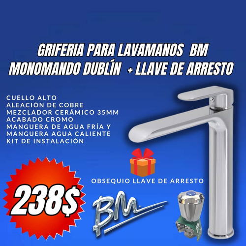 Grifería Lavamanos Monomando Dublín + Llave De Arresto