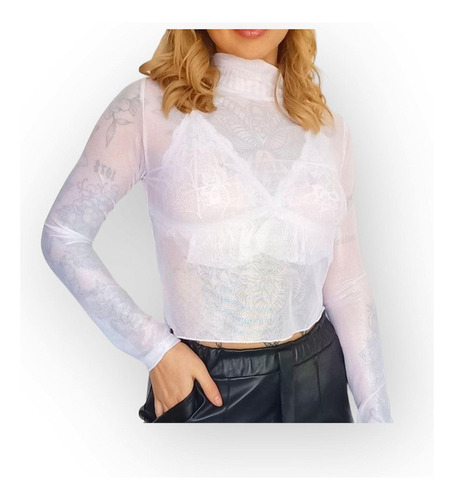 Crop O Top Mangas Largas Transparente De Tul Super Sexy