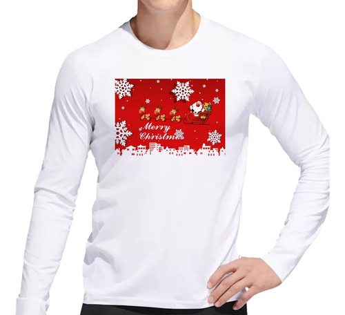 Remera Hombre Ml Navidad Rojo Renos Papa Noel Jo Jo Jo