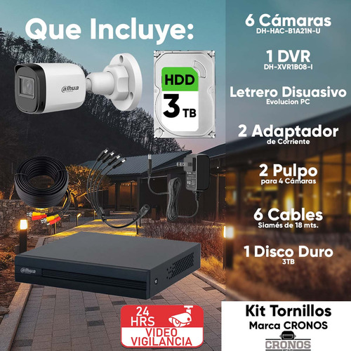 Kit Videovigilancia Cronos 6 Cámaras Dahua Bala B1A21N 2mp + hdd 3TB + Cables + Accesorios - Kit Cctv DTH029-PLUS6+3TB (dvr Dahua Xvr1b08-i Circuito Cerrado)