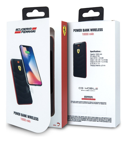 Power Bank Inalambrico 10000 Mah Ferrari Color Negro Y Rojo