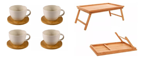 Bandeja De Bamboo Plegable 4 Tazas Plato Madera