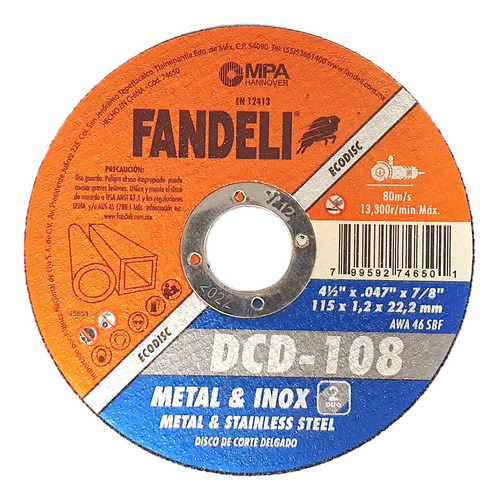 Imagen 2 de 3 de Disco Corte Preciso Fandeli 4-1/2 El Mejor Para Corte Fino