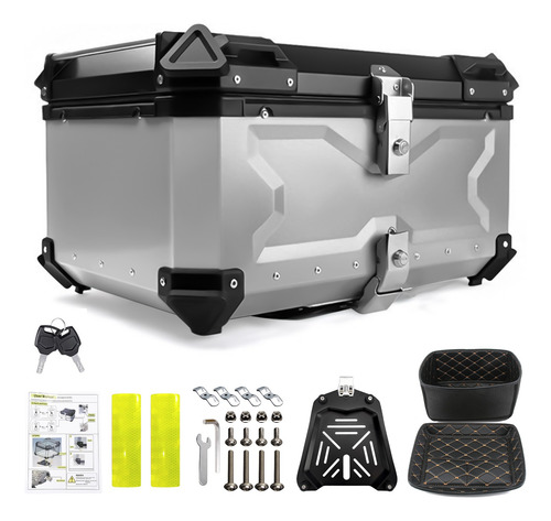 65l Motocicleta Caja Para Moto Top Case Maletero Aluminio Plateado