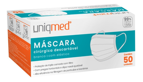 Máscara Cirúrgica Descartável Tripla Camada Uniqmed Caixa Com 50 Un. Cor Branco