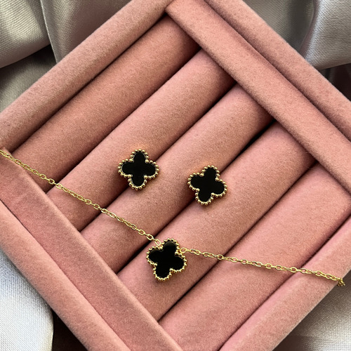 Colar Trevo Quatro Folhas Virgina + Brincos Banhado Ouro 18k Cor Preto