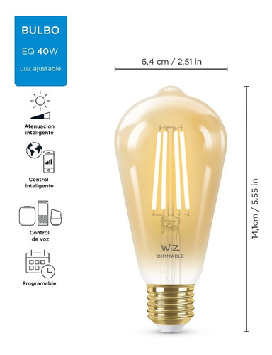 Imagen 4 de 7 de Lampara Led Wiz Wifi Filamento Edison E27 6.9w