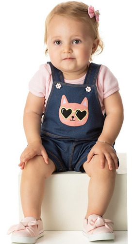 Roupa Bebê Menina Jardineira Cotton Jeans Curto Verão