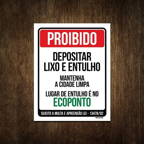 Placa Proibido Depositar Lixo E Entulho Ecoponto 36x46