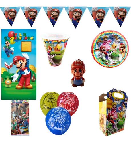 Mario Bros Paq Fiesta Artículos 10 Niños Vela De Cera Y Mant