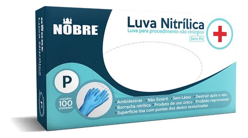 Luva Nitrilica Azul Sem Pó Nobre Caixa Com 100 Unidades Cor Azul-celeste Tamanho P