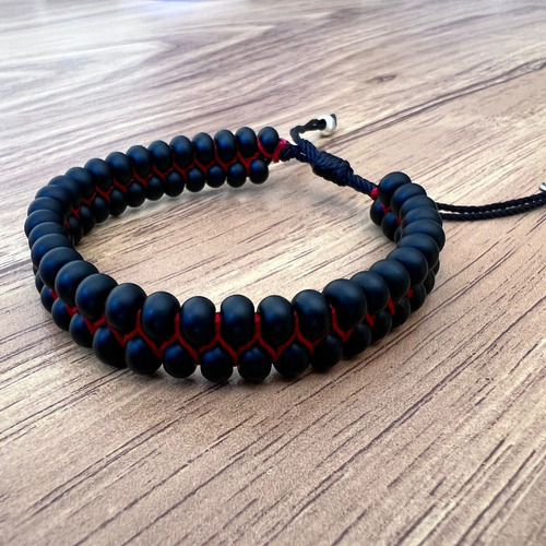 Pulsera Doble Tejida Bolitas Y Plata 925 Agálea Hombre Color Negro-rojo Diámetro 5 Cm Largo 16