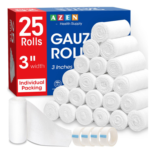 Azen 25 Pack Gauze Rolls Bandages, 3 En X 4.1 Yards, Yqw5l