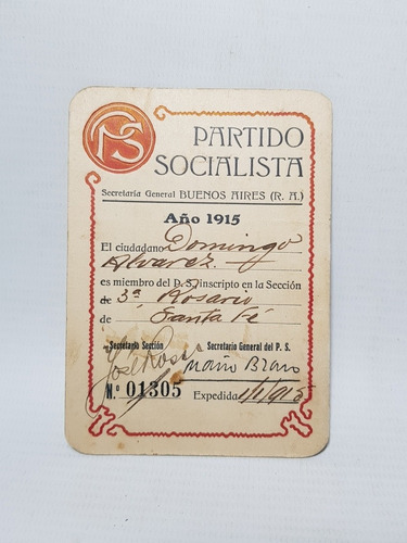 Antiguo Carnet Partido Socialista 1915 Estampilla Mag 57467