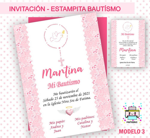 Tarjeta + Estampita Bautismo Nena Imprimir Personalizada M3