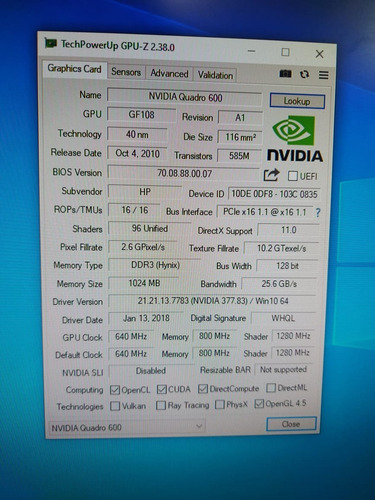 Tarjeta De Video Nvidia Quadro 600 1gb Ddr3 128 Bit Dvi Dp (Usado)