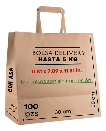 100 Bolsas De Papel Con Asa 30x18x30 Cm Ecológica Delivery 