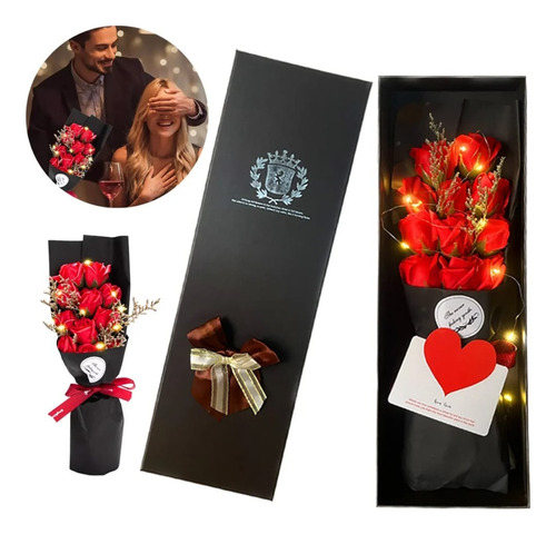 Rosas Artificiales 11 Flores Caja De Regalo Tarjetas Luz Led Rojo