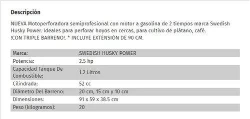 Motoperforadora Ahoyadora Con Motor A Gasolina 2 Tiempos De 52cc 2.5Hp 3  Barrenos Husky TOPO554