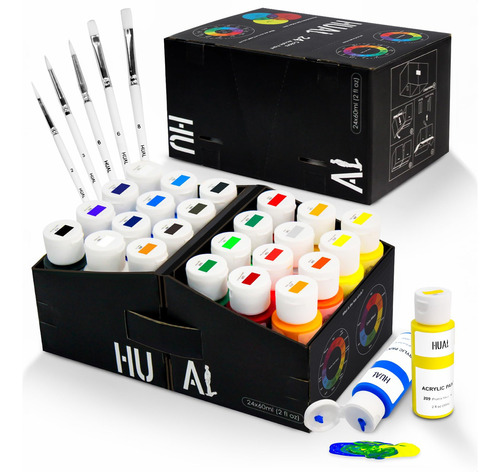 Hual Juego De Pintura Acrílica Con 5 Pinceles, 24 Colores (2