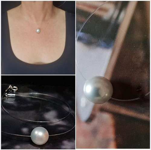 Imagem 4 de 4 de Pedras - Colar Fio De Nylon E Pérola Cinza 14mm, Cód258c91-0