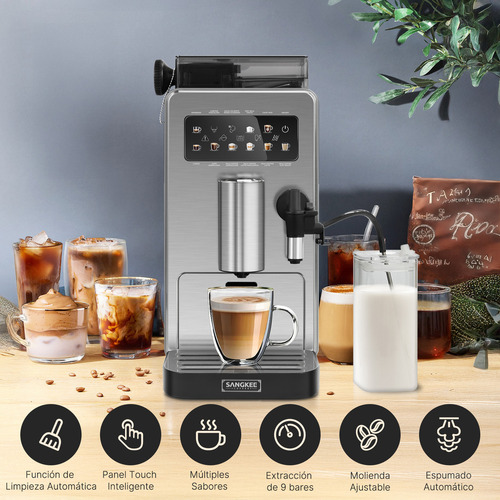 SANGKEE Máquina de café Espresso superautomática - 9 bebidas, Café Helado Totalmente Automático de Grano a Taza, Café Café Café Helado y Café con Leche Molino Integrado Y espumador de leche