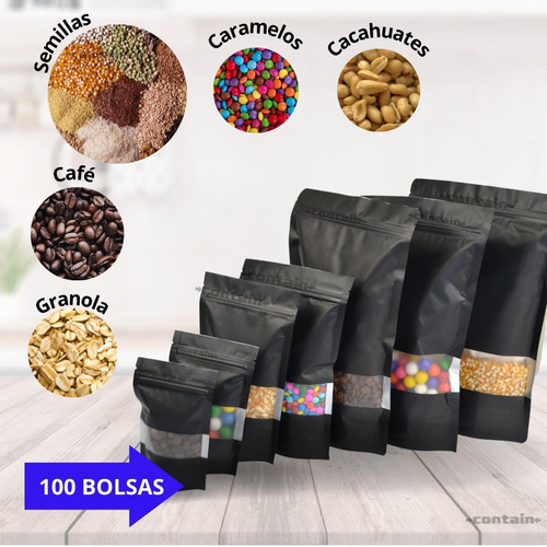 100 Bolsa Stand Up Pouch Cierre Negro Mate Ventana De 40 Grs