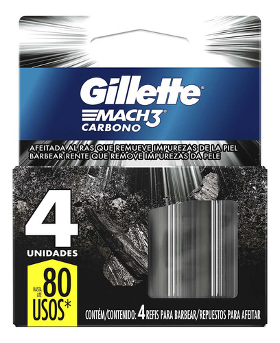 Repuestos para Rastrillo de Afeitar Gillette Mach3 Carbono con Carbón Activado 4 piezas