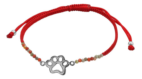 Pulsera De Plata 925 Macramé Roja Piedras Ágata Huella Perro