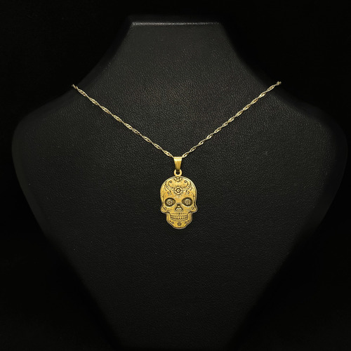 Cadena Y Dije Calavera Mexicana Oro 18k Amarillo 55 Cm