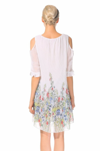 Vestido Blanco Gasa Plisada Floral Talla M Nuevo Importado